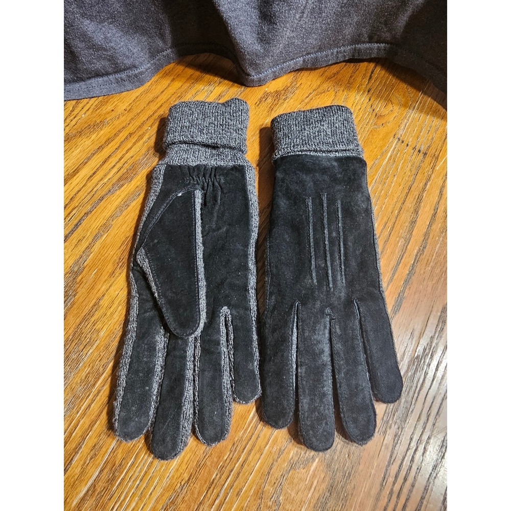 Mens Black Suede Leather Knit Winter Gloves Grey Ribbed Cuff Stitching